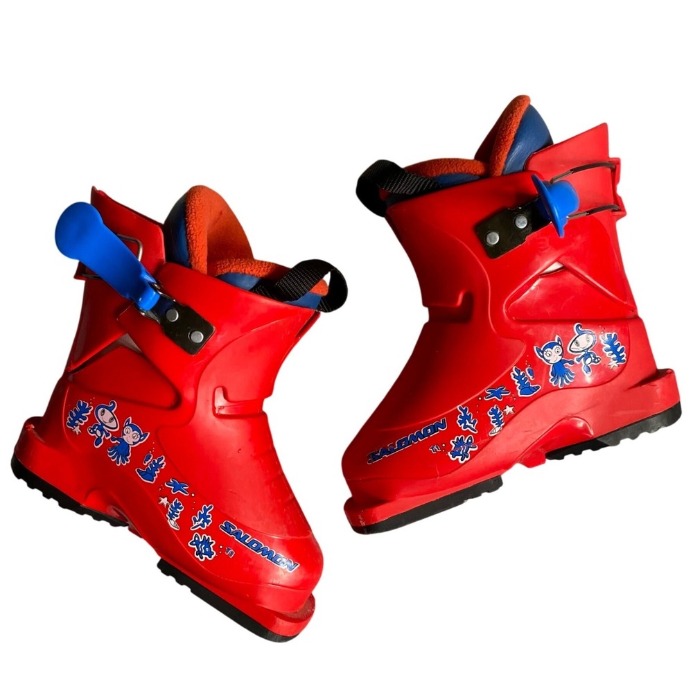 Salomon T1 Kids Red Ski Boots Character Graphics 16.0 208mm Single Buckle Gorp